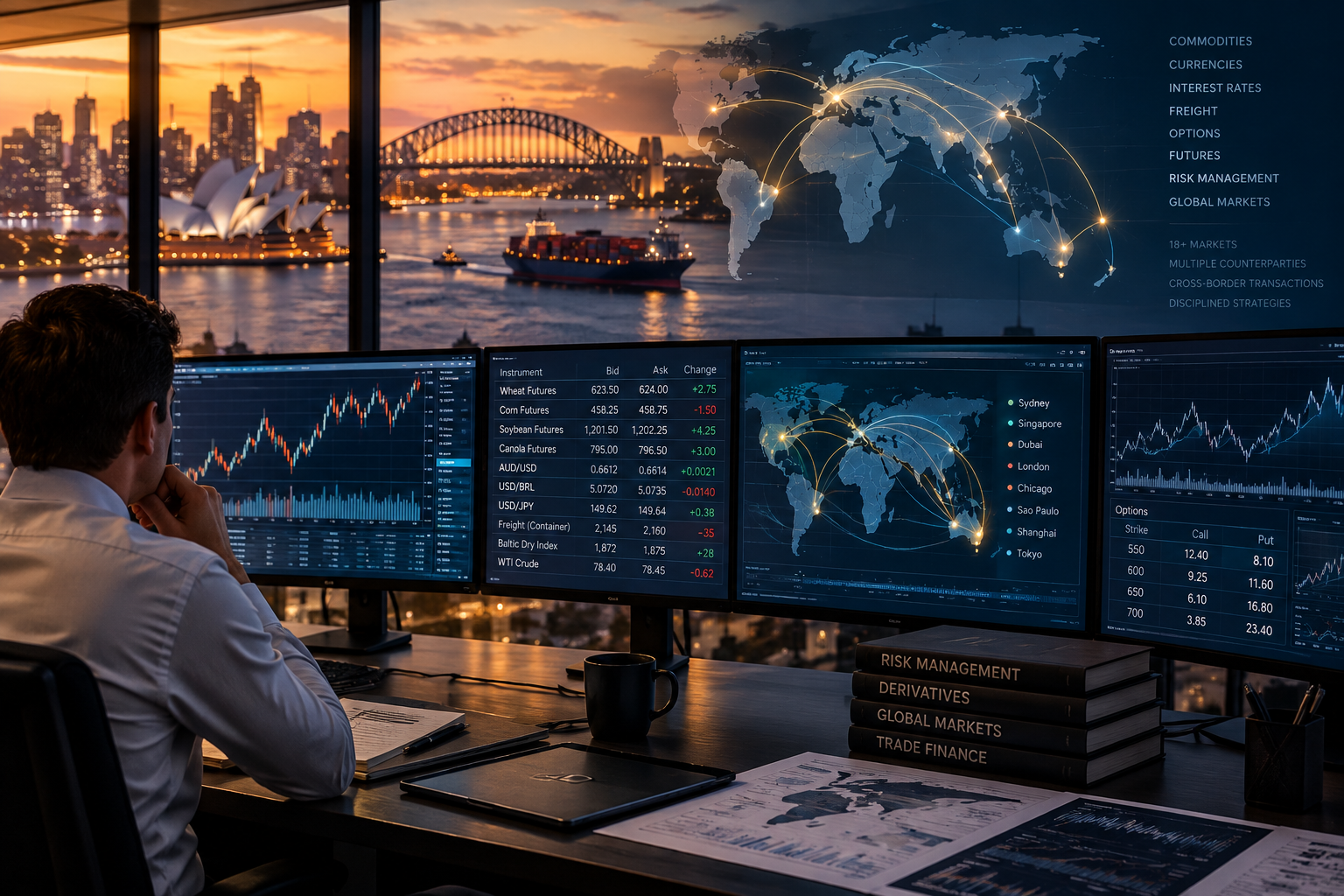 Commodity trading desk showing derivatives, global markets and cross-border risk management