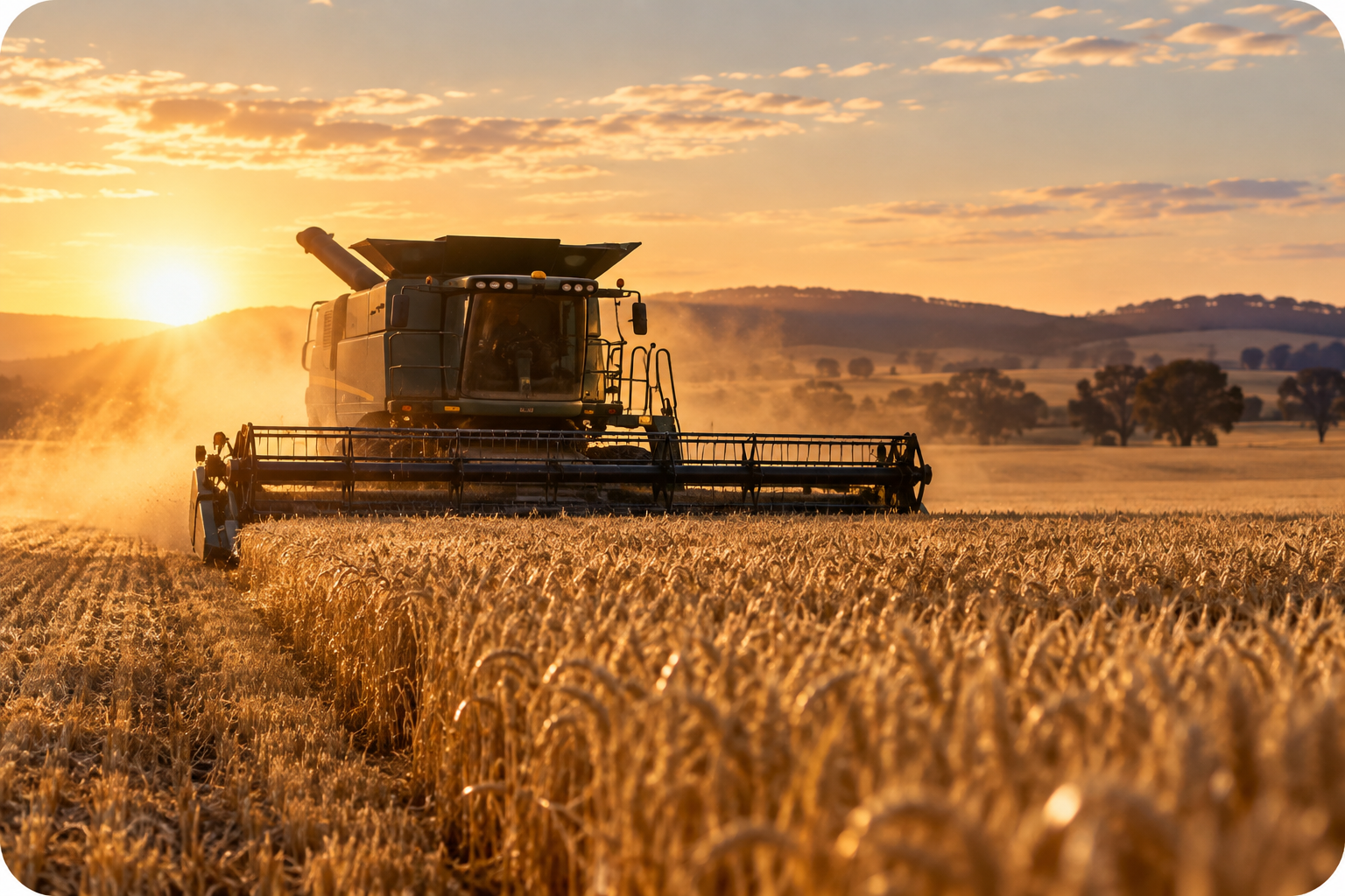 Combine harvester harvesting wheat on an Australian grain farm at sunset