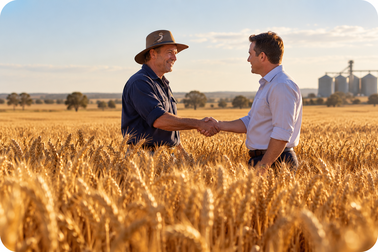 Australian grain farmer shaking hands with a commodity trader in a wheat field