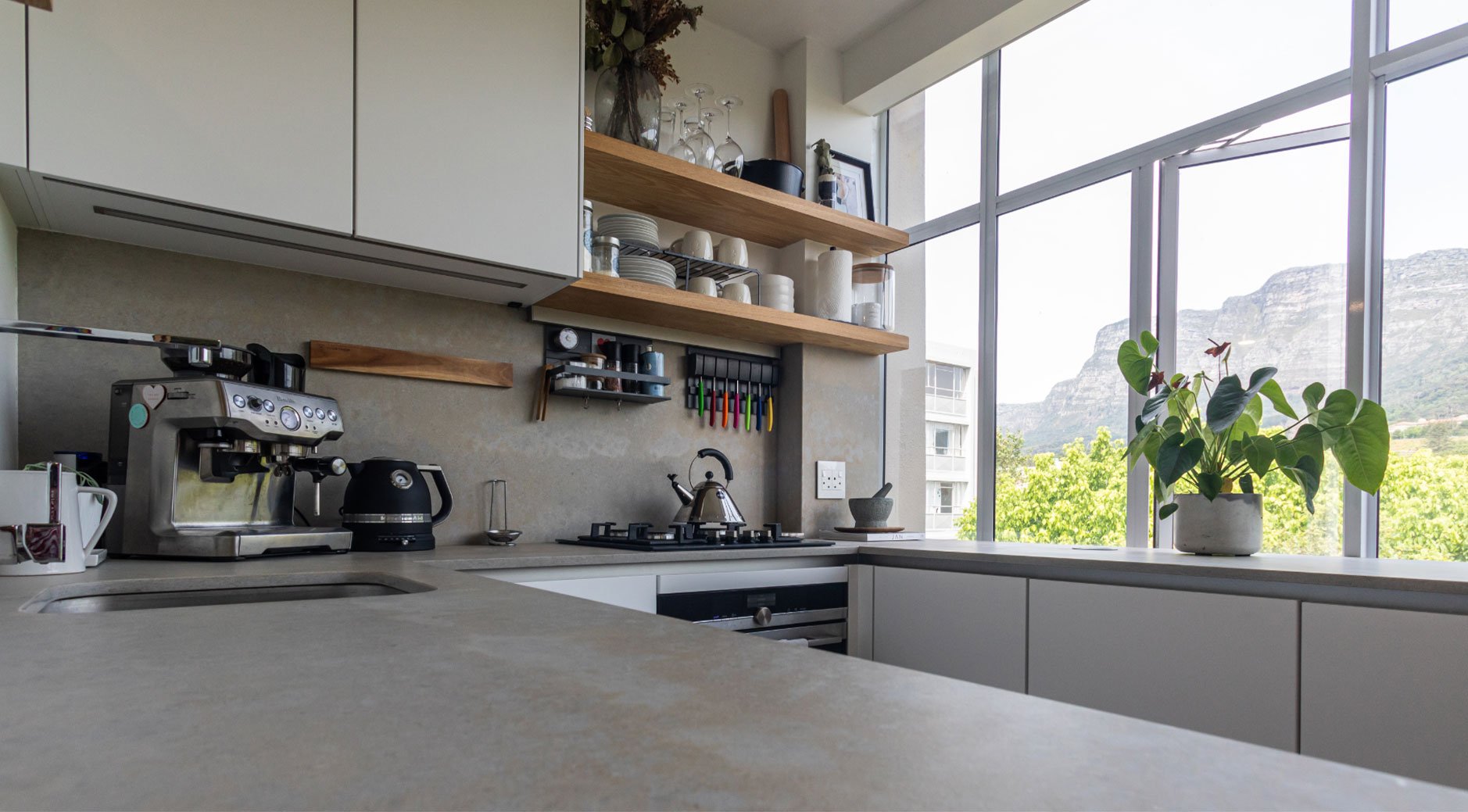 handless kitchen design grey and white cape town view rondebosch