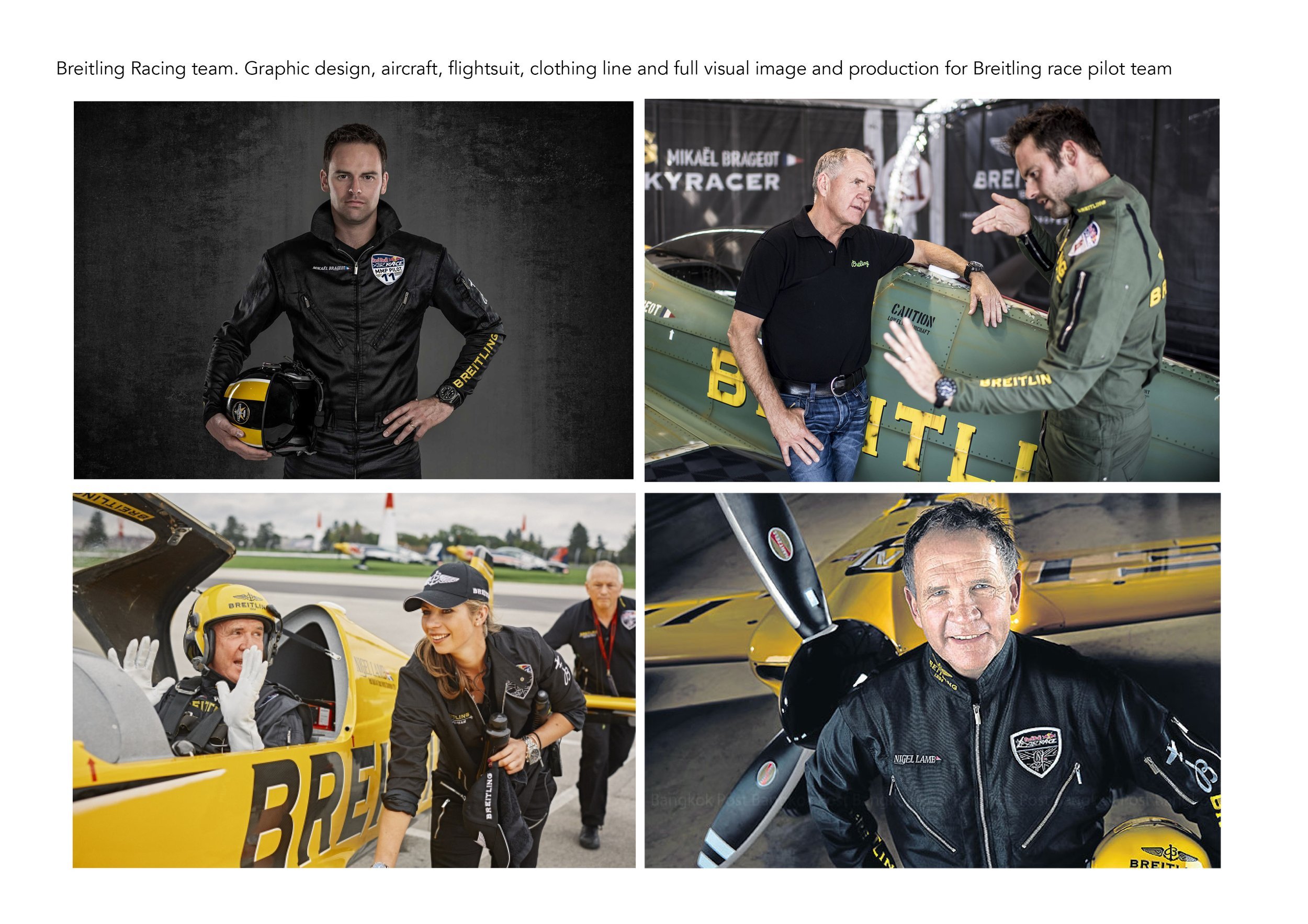 Breitling Racing team. Graphic design, aircraft, flightsuit, clothing line and full visual image and production for Breitling race pilot team