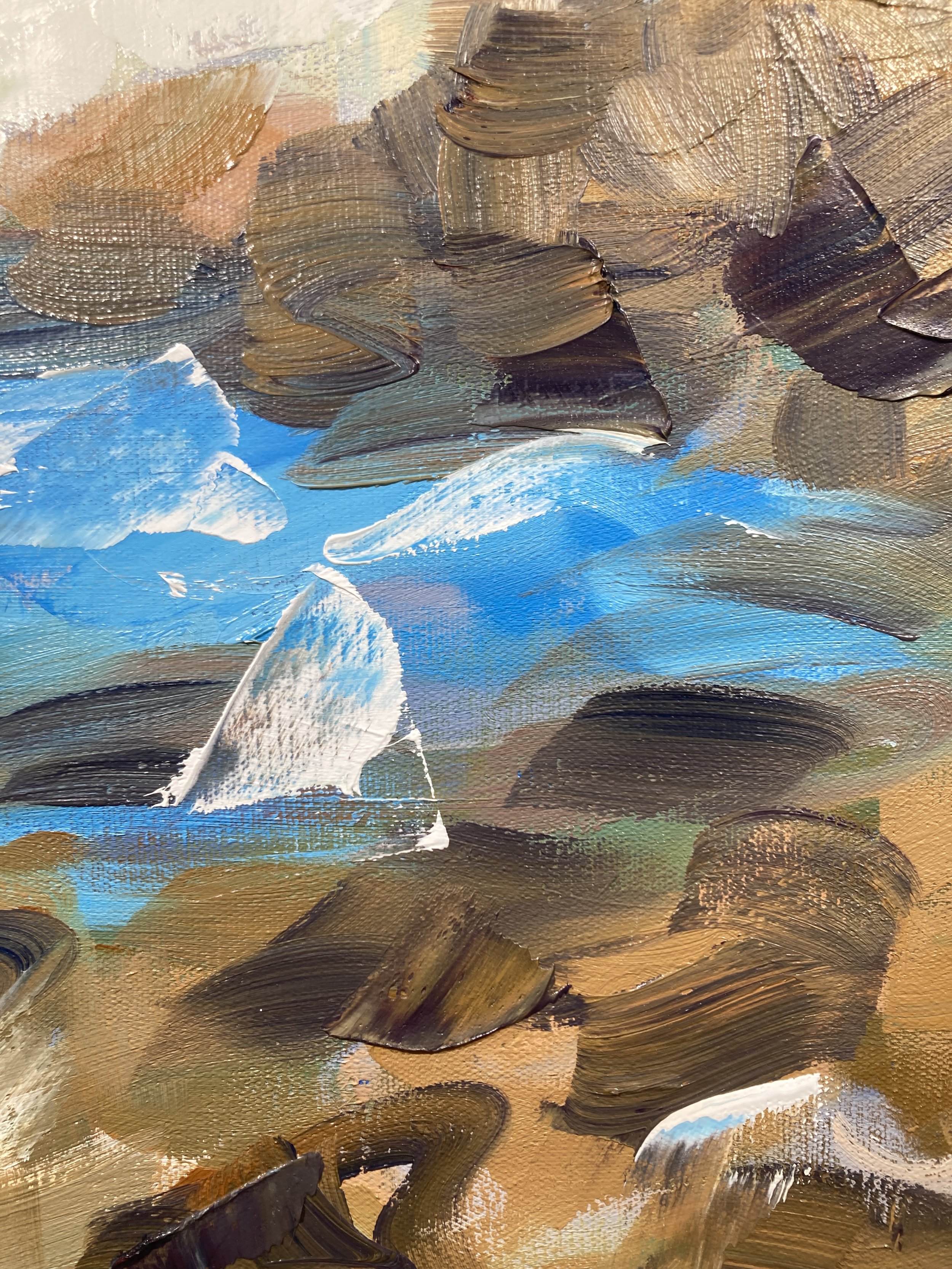 A close up of Extra Blanket an abstract Australian coastal painting with lickable white seafoam and rich earthy mountain tones.