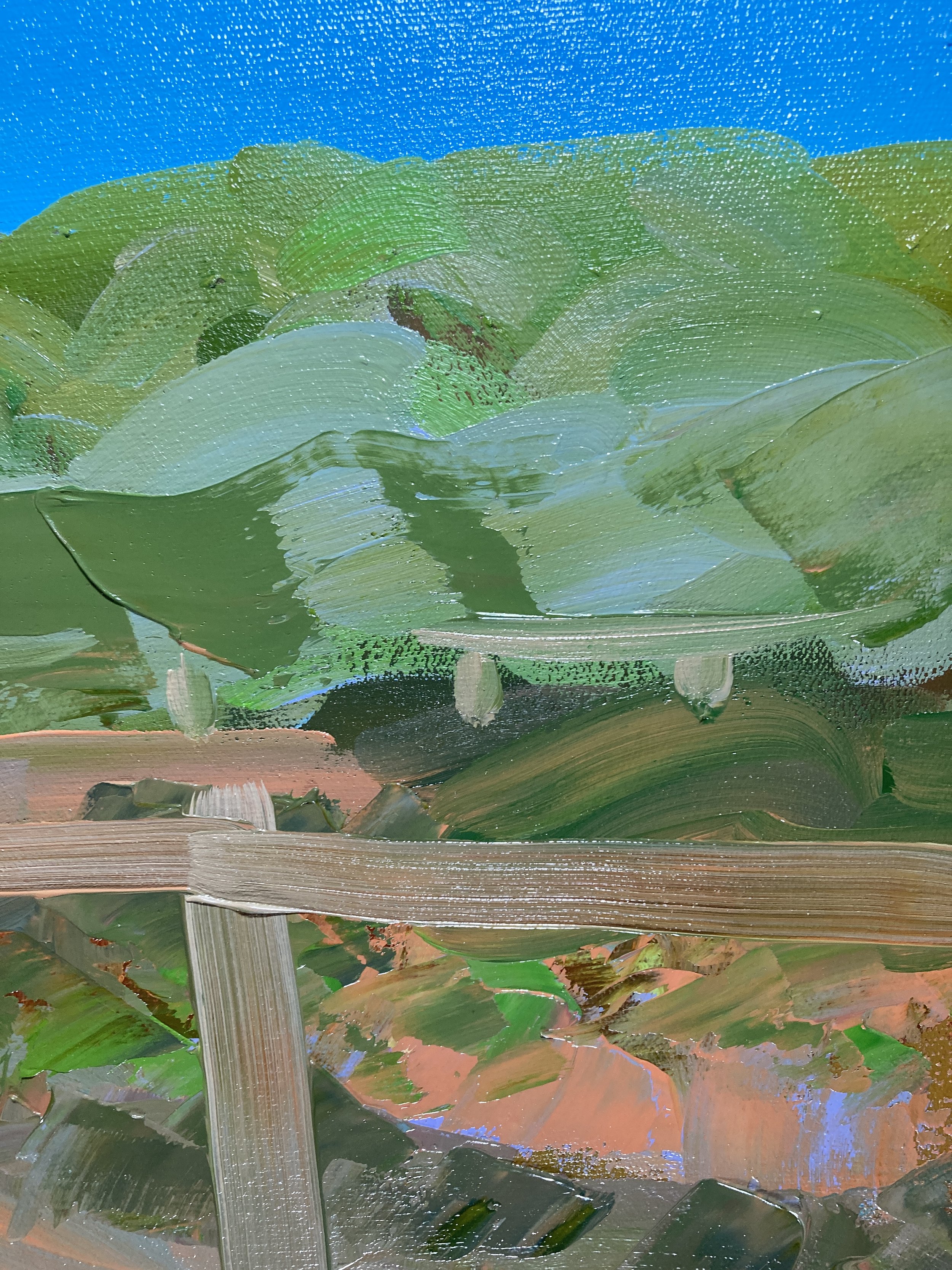 A close up of Silver Screen a semi-abstract painting of a midday,  Australian coastal walk. Highly textured oil painting featuring green, blue, orange, and tan brushstrokes.