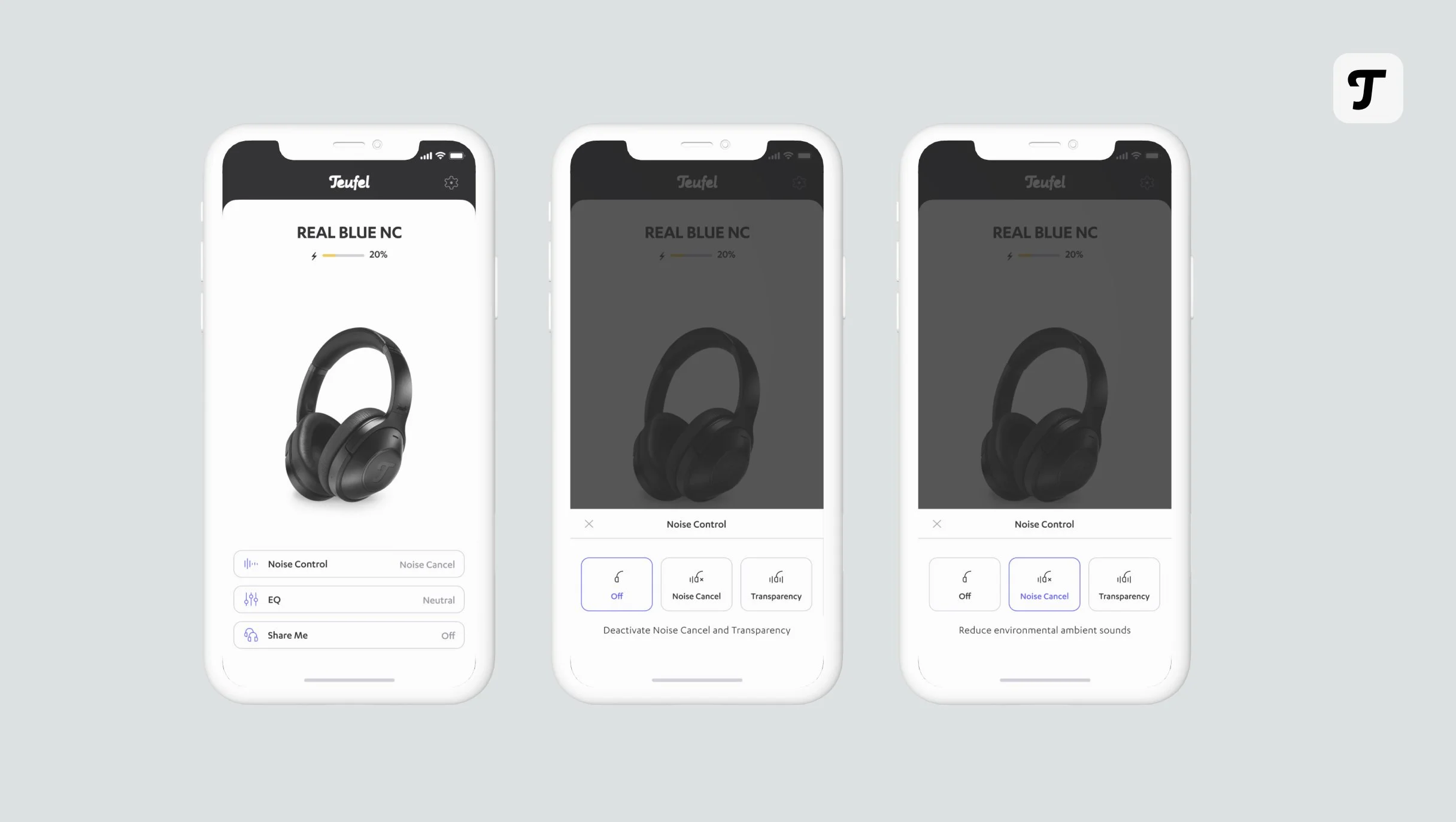 Dashboard: Check battery level of compatible Teufel headphones anytime, Quick access to Active Noise Cancelling, to alter EQ settings and to start the share music feature.