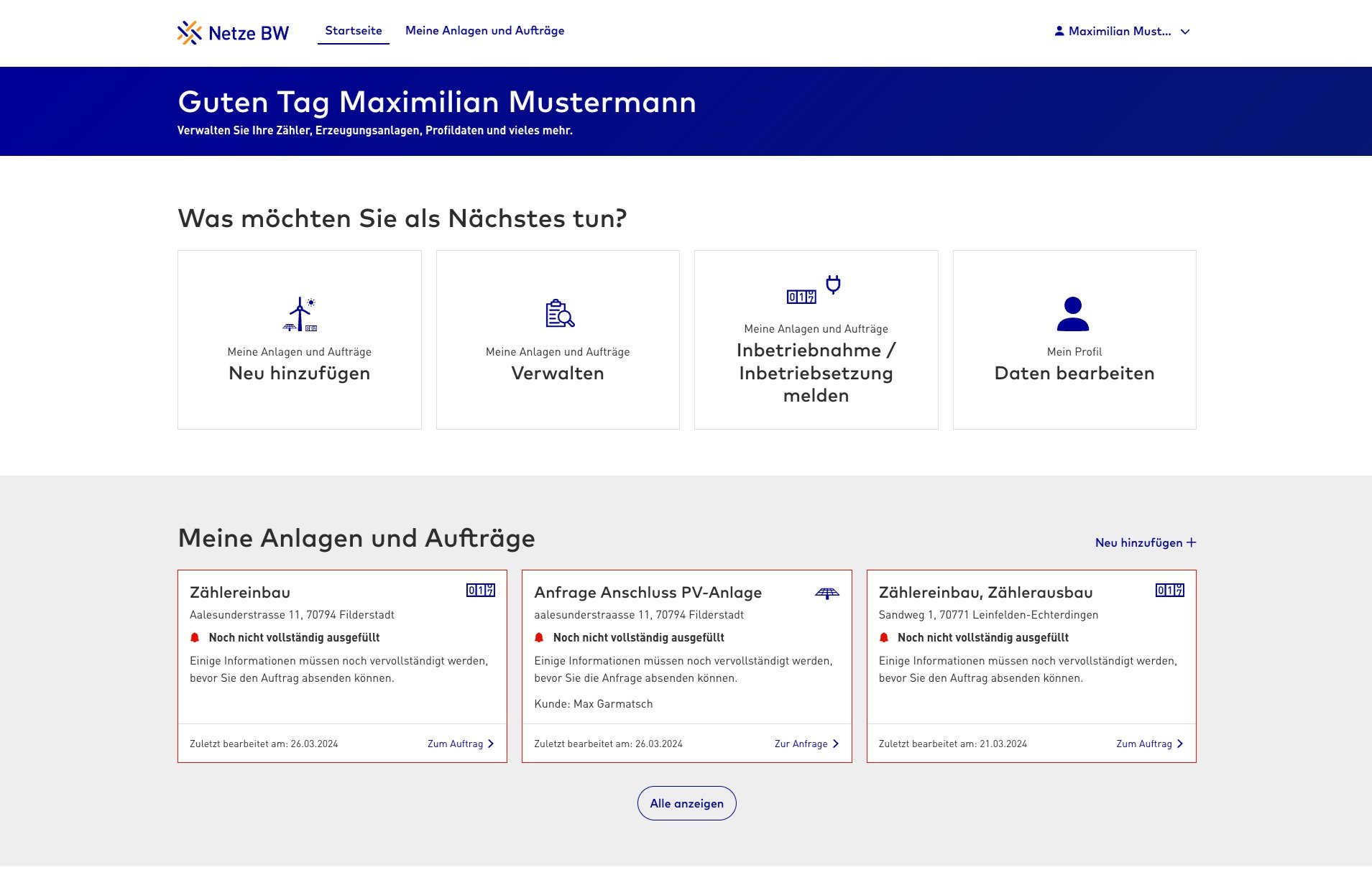 Netze BW - Kundenportal - Dashboard nach Login