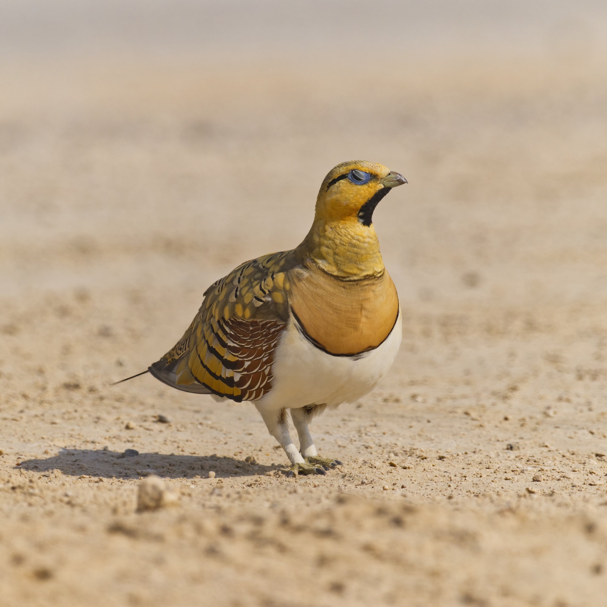 Pin-tailed Sandgrouse standing on desert ground, showing golden plumage and detailed wing patterns, wildlife canvas print