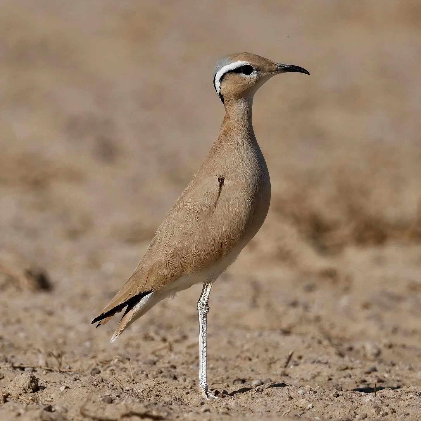 The Cream-colored Courser doesn&rsquo;t just live in the desert &mdash; it belongs to it.
Its colors are perfect camouflage: soft beige plumage mirrors the dunes, while the crisp white-and-black crown line seems painted with a calligrapher&rsquo;s br