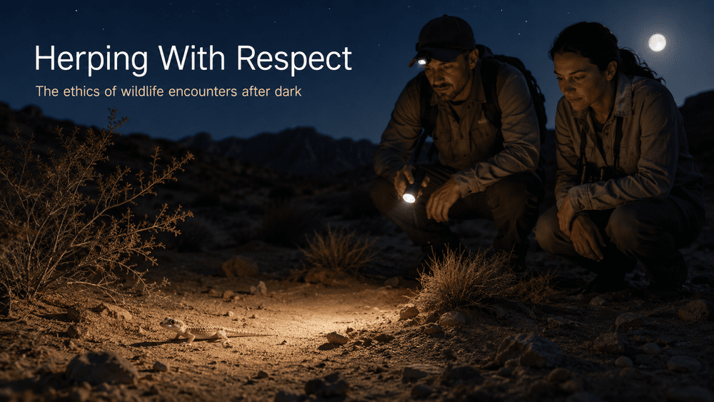 Two herpers observing wildlife by headlamp at night