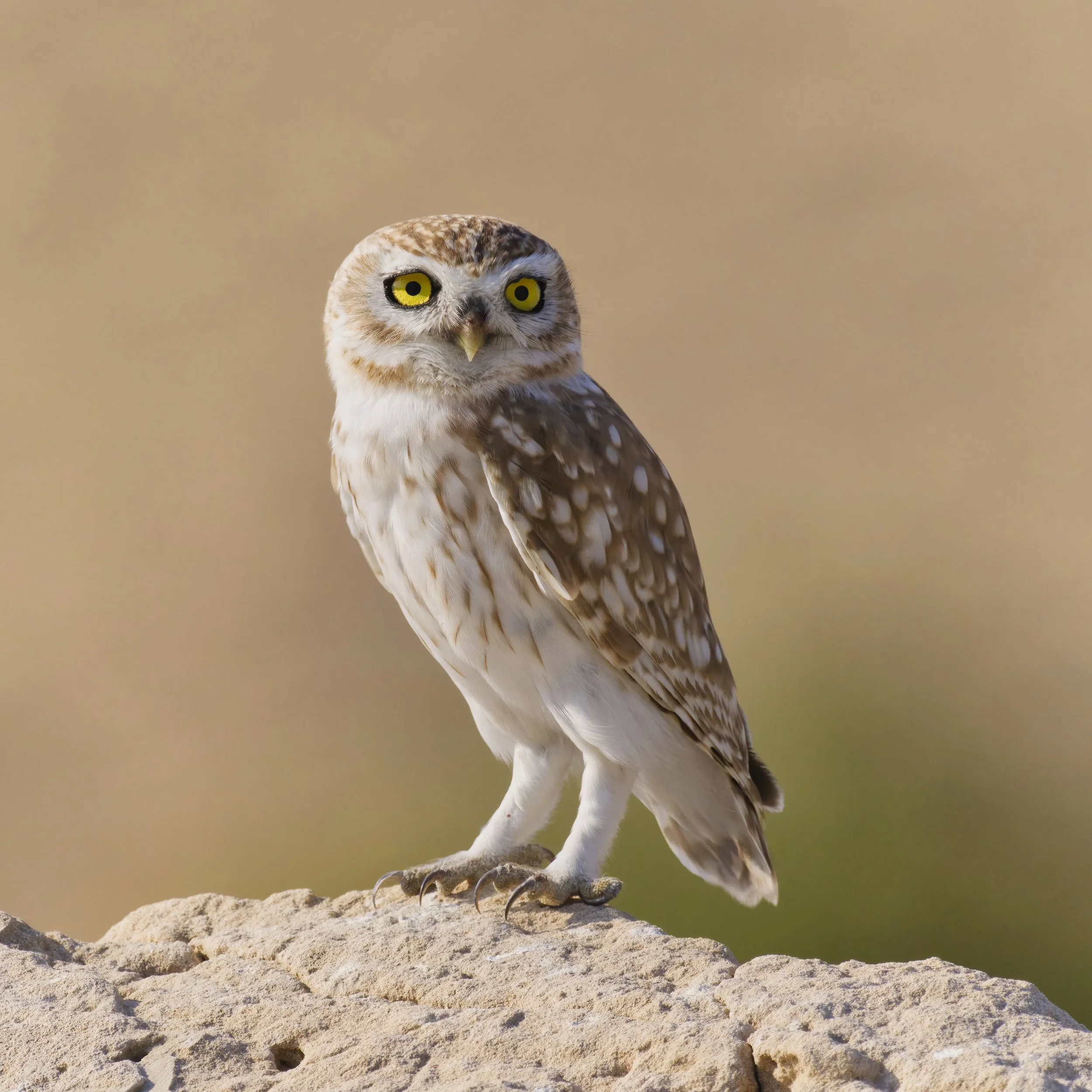 Little Owl perched on rock with bright yellow eyes and detailed plumage, wildlife canvas print