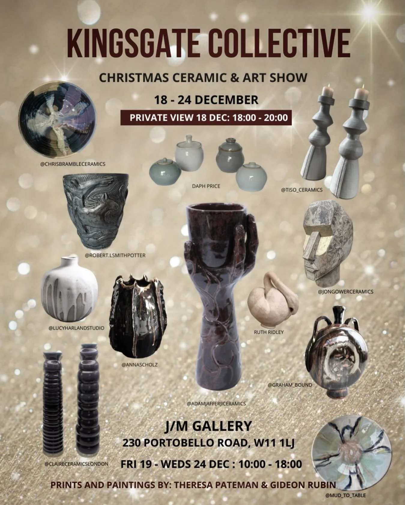 Ceramic group exhibition 🤍
At JM Gallery in 230 Portobello Road ✨
19-24 December 
Private view this 
Thursday 18 December 6-8pm 

Come and join us for a festive drink 🍷🎄

@chrisbrambleceramics @mud_to_table @lucyharlandstudio @robert.lsmithpotter 