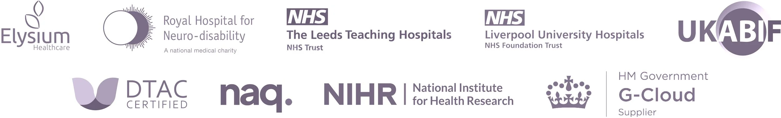 Collection of logos from healthcare organizations including Elysum Healthcare, Royal Hospital for Neuro-disability, NHS Trusts, UKABIF, DTAC, NQ, NIHR, G-Cloud, and HM Government.