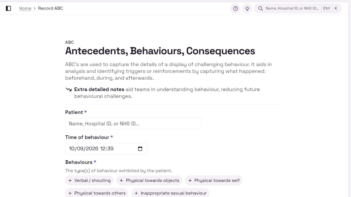 Melo ABC observation form showing patient, time and behaviour fields