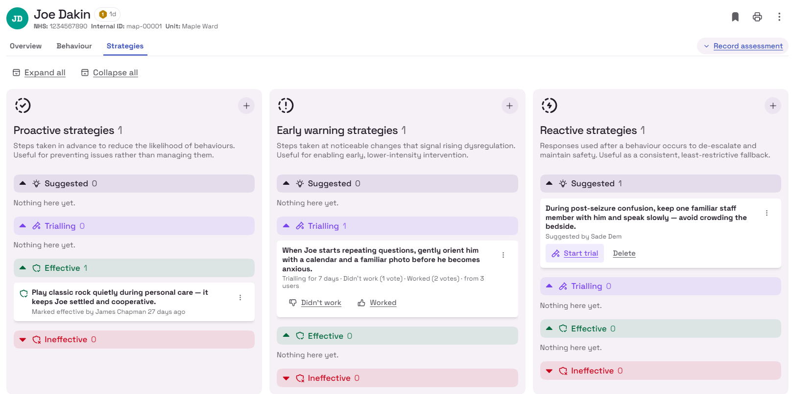 Melo care strategies screen, showing strategies and interventions recorded for a patient