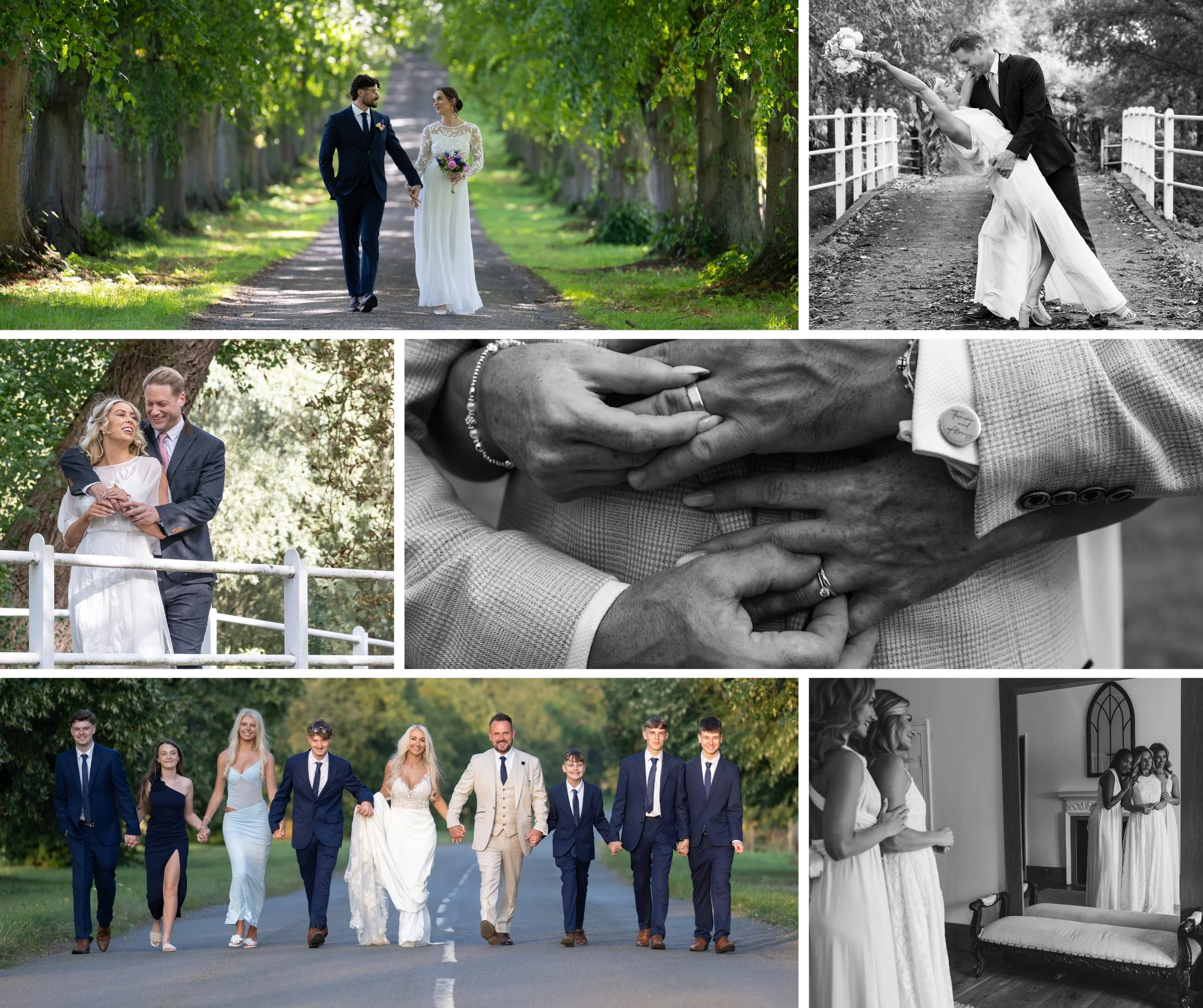 Collage of wedding photos including couples, guests, decor, and a wedding cake against a beige background with heart motifs.