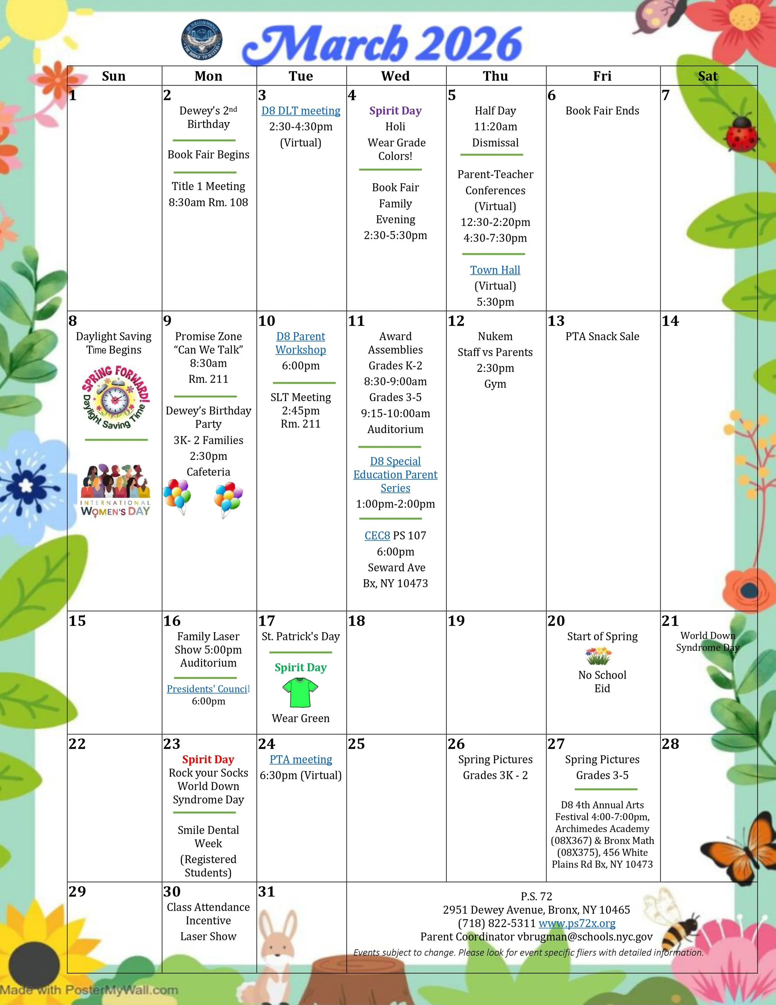 PS 72 Updated March Calendar
