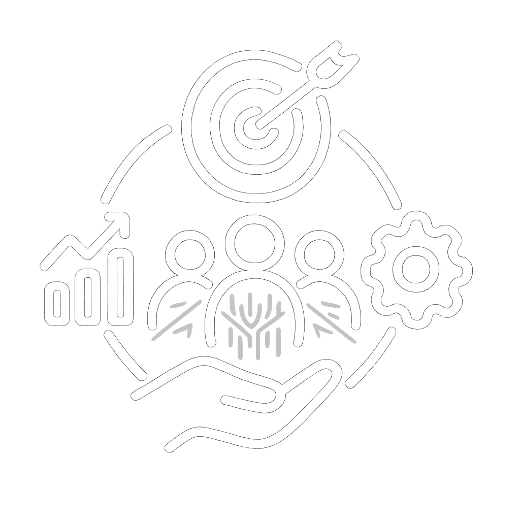 Line art illustration of a target with an arrow, a gear, a hand holding a leaf, a group of people, a bar graph with upward trend, and interconnected elements representing goals, growth, teamwork, and sustainability.