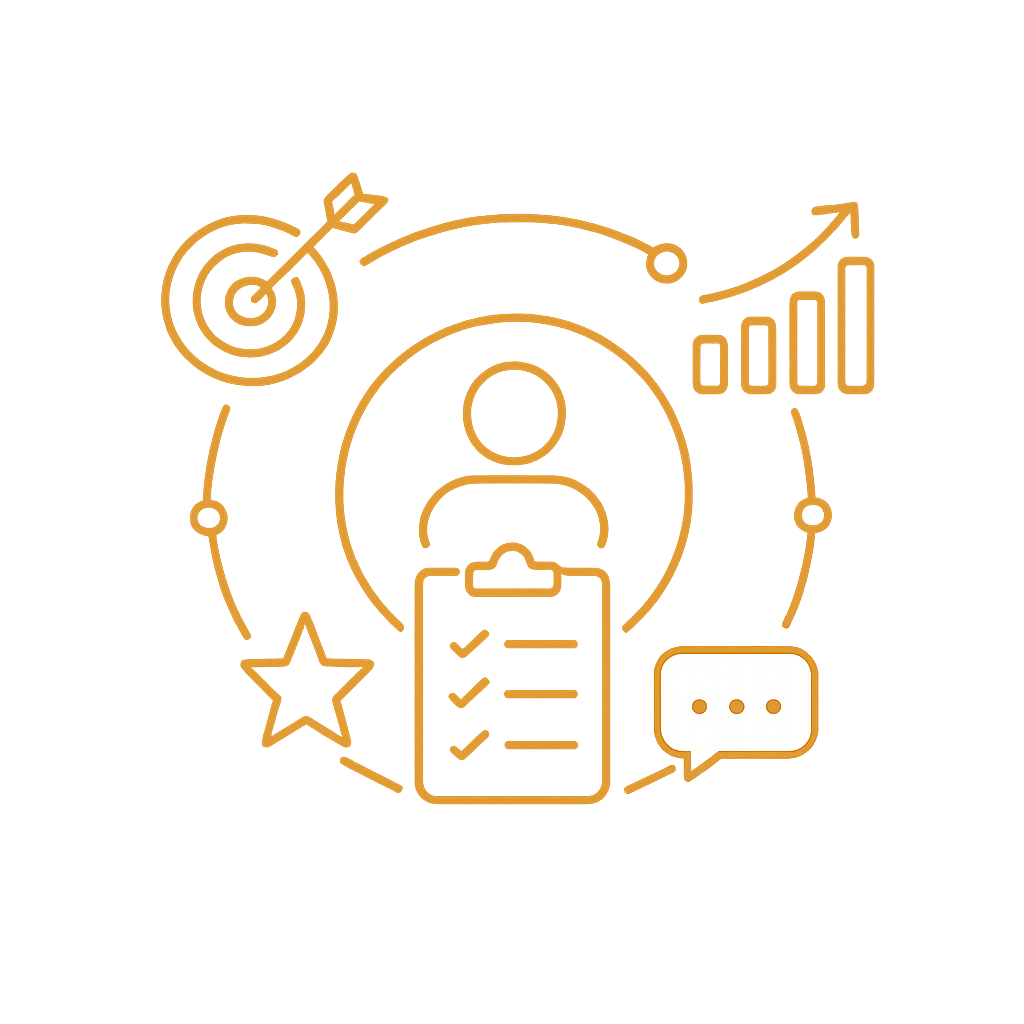 An orange outline illustration featuring a person at the center with a clipboard, surrounded by icons of a target with dart, upward graph, star, and speech bubble.