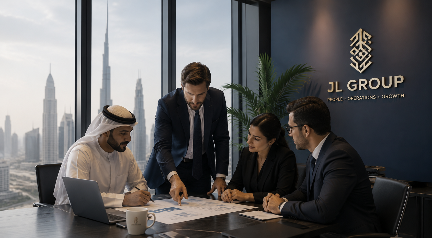 Four business professionals in a conference room with a city skyline view, reviewing documents. The room has a large window, and a sign on the wall reads 'JL GROUP' with the words 'People, Operations, Growth' beneath.