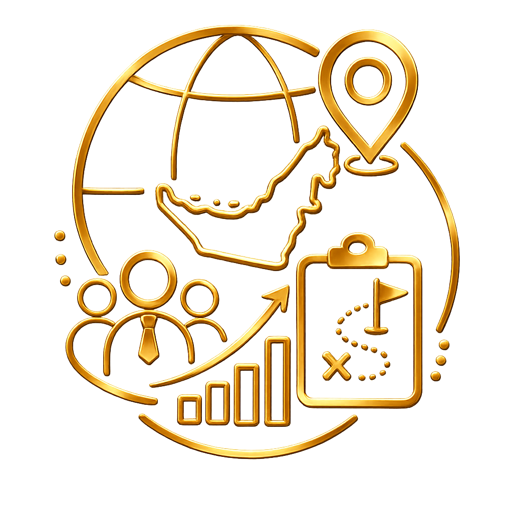 A gold-colored digital illustration representing data analysis and planning, including a line graph, bar graph, a map outline of Ohio, a location pin, a clipboard with a strategical plan, and icons of people and a target.