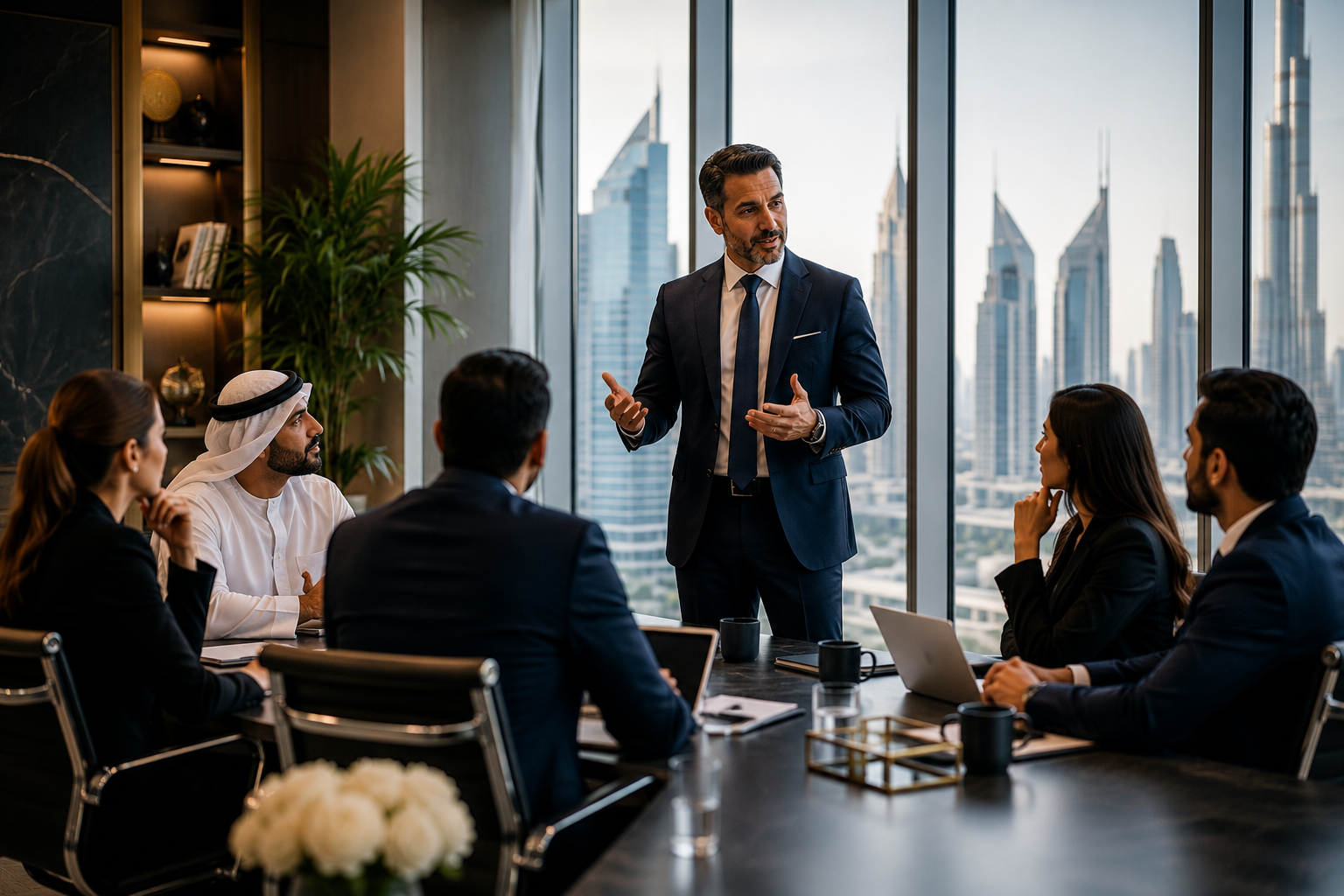 Businessman giving a presentation in a modern conference room with a city skyline view.