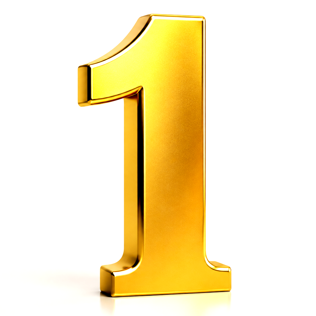 A shiny, gold-colored number one on a white background.
