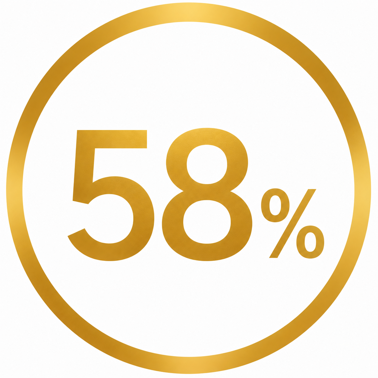 Gold circular badge displaying '58%' in large font.