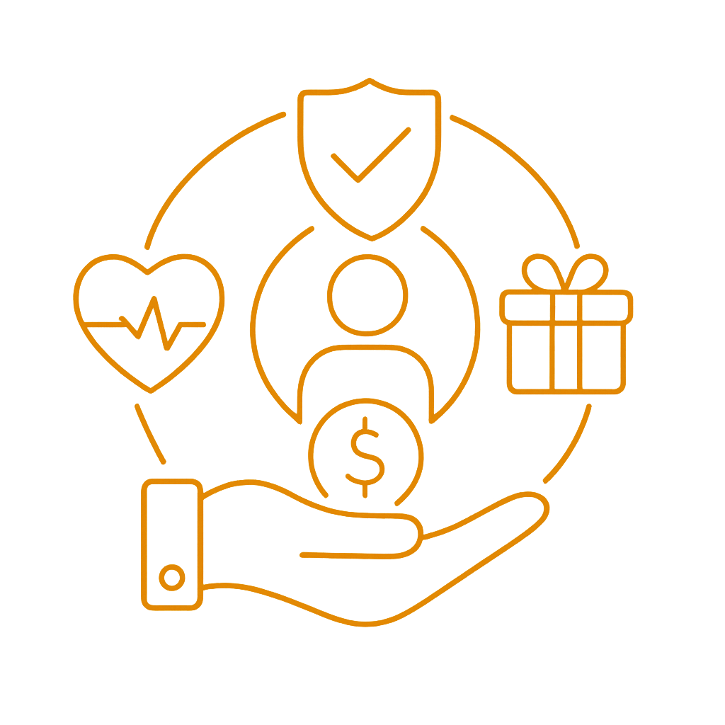Outline of a hand holding a dollar sign, surrounded by icons of a shield with a check mark, a heart with a heartbeat line, a gift box, all connected in a circular pattern.
