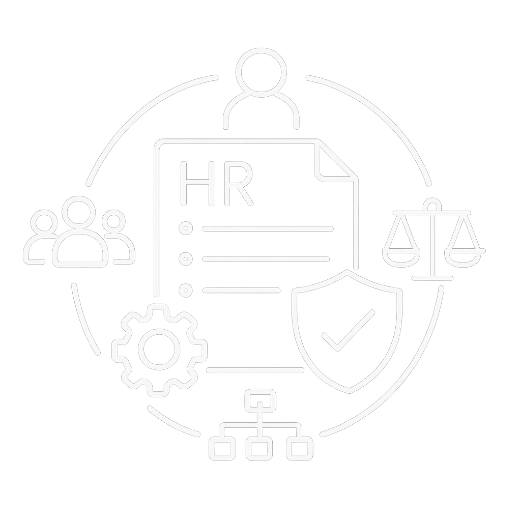 Icons representing HR documents, people, legal scales, a gear, a checkmark shield, and a hierarchy chart, all encircled, symbolizing human resources management and legal compliance.