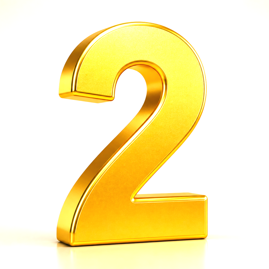 A large, shiny, gold-colored number two.