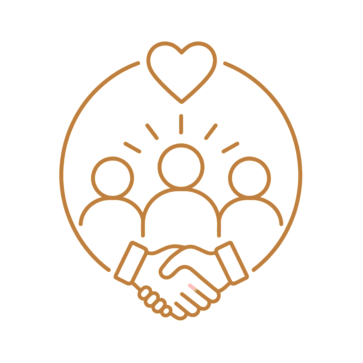 Outline of three people with a heart above and a handshake below, symbolizing community and support.