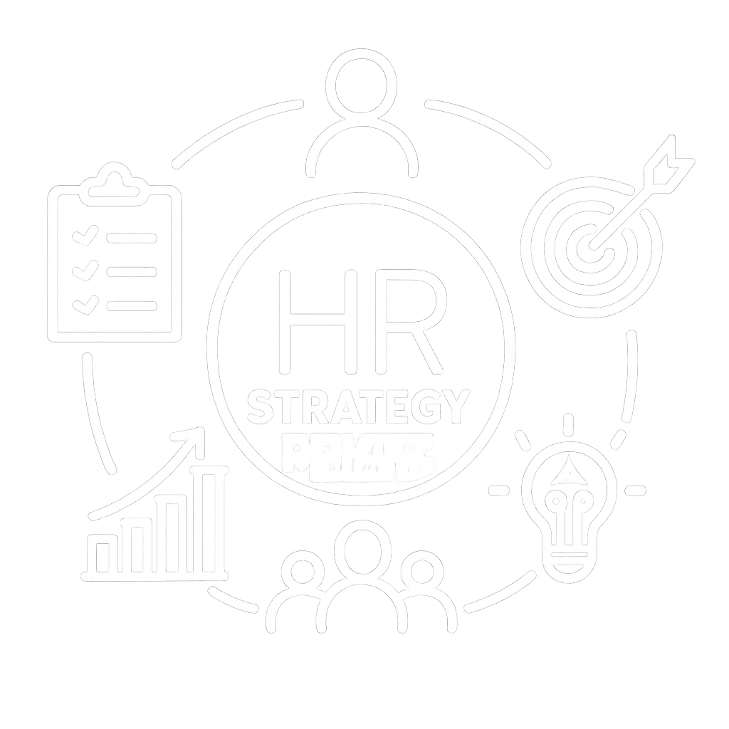 HR strategy concept graphic with icons representing planning, target achievement, team, ideas, growth, and checklists.