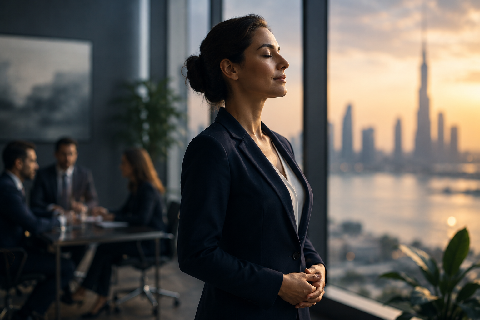 A confident woman with dark brown hair and a black blazer stands with arms crossed in a modern office, while a diverse group of colleagues in business attire discuss and work together in the background.