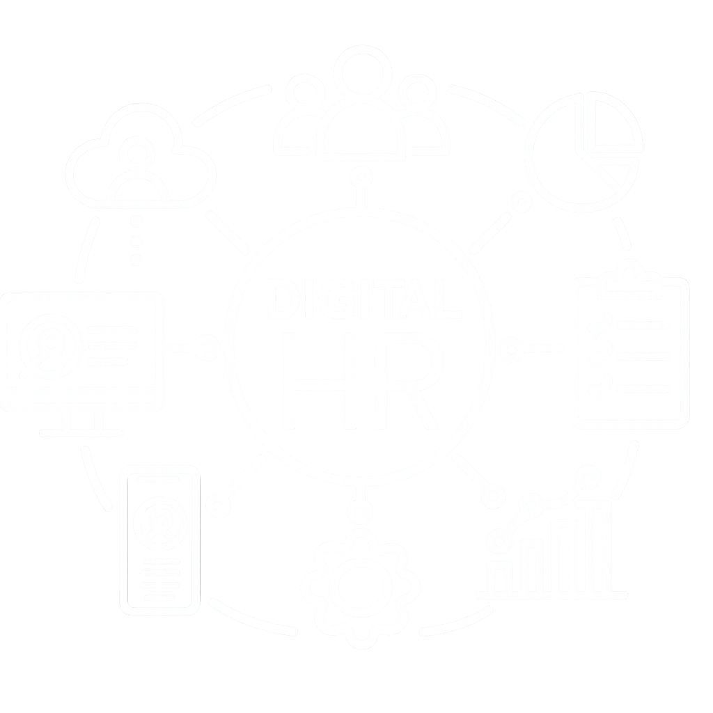 Diagram showing digital HR with icons for people, charts, documents, gears, and a computer, all connected around a central circle labeled "Digital HR".