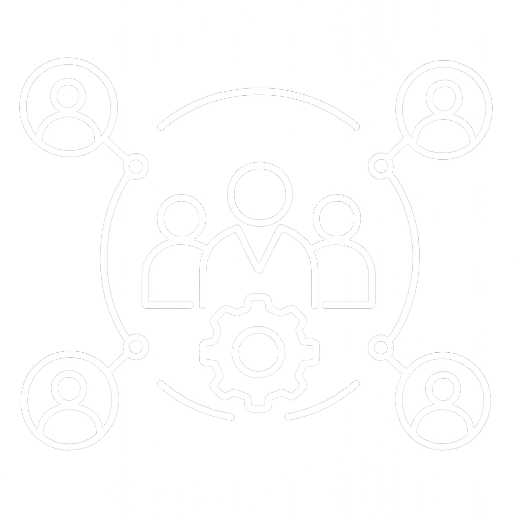 Outline of a network of people connected to a central group with a gear in the middle, symbolizing teamwork or collaboration.