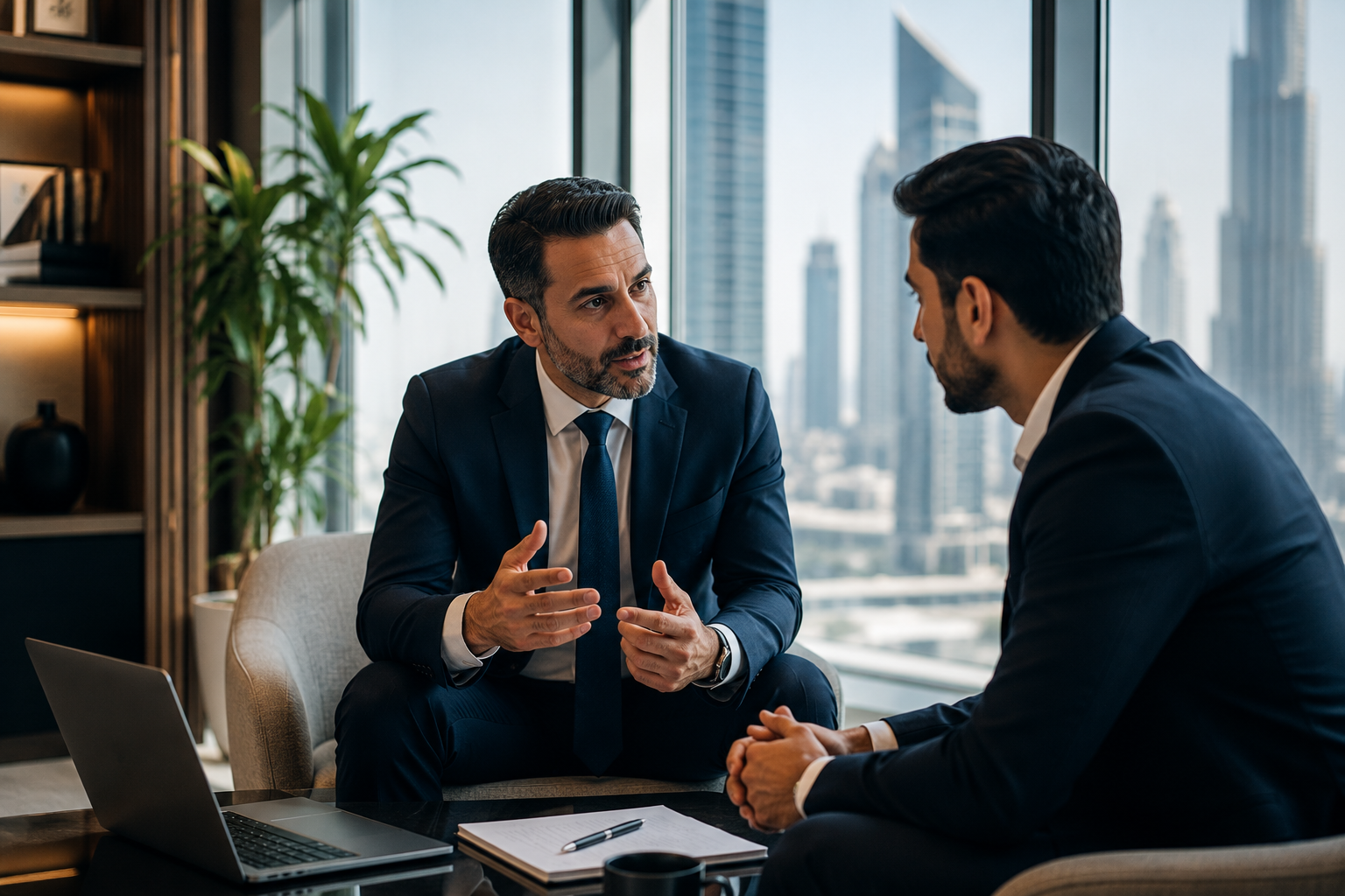 Two businessmen in suits having a serious discussion in a modern office with large windows and a cityscape background, sitting at a table with a laptop, notepad, and pen.