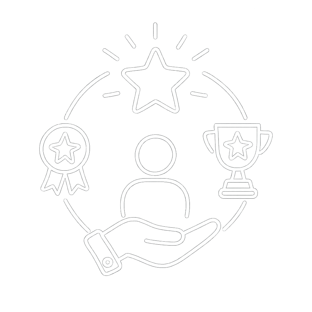White line drawing of a hand supporting a person, with medals and trophies with star symbols around the person, and a star above