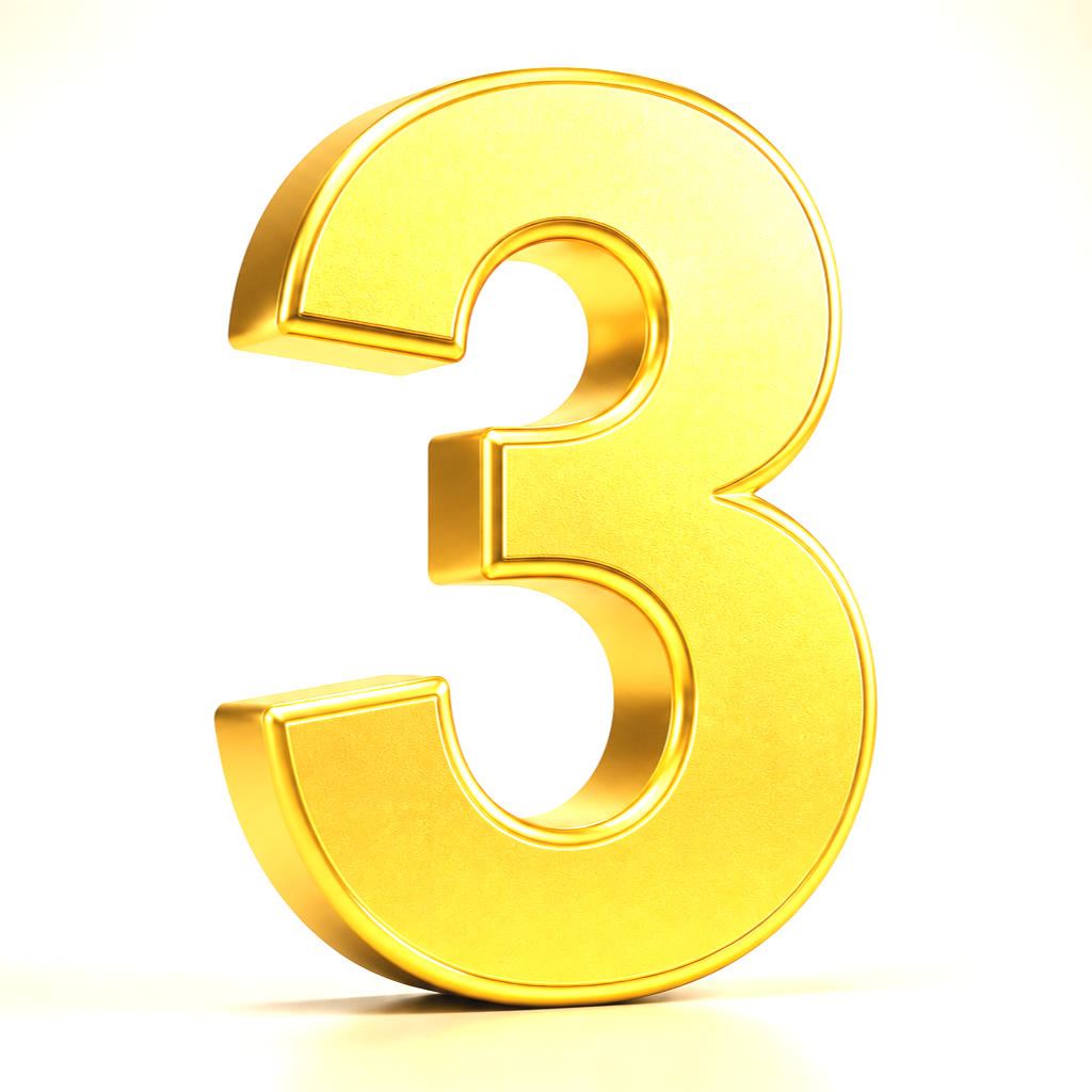 Golden number three with a three-dimensional design on a white background.