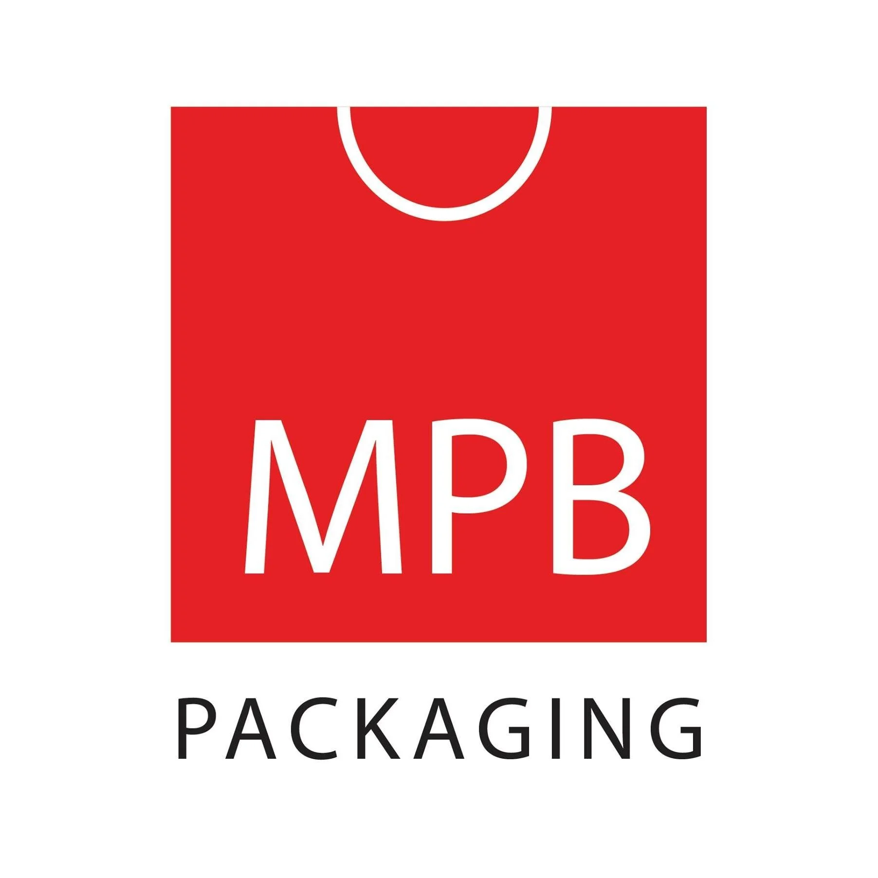 Red packaging label with white circle at the top and the text 'MPB' in large white letters, with the word 'PACKAGING' in black below.