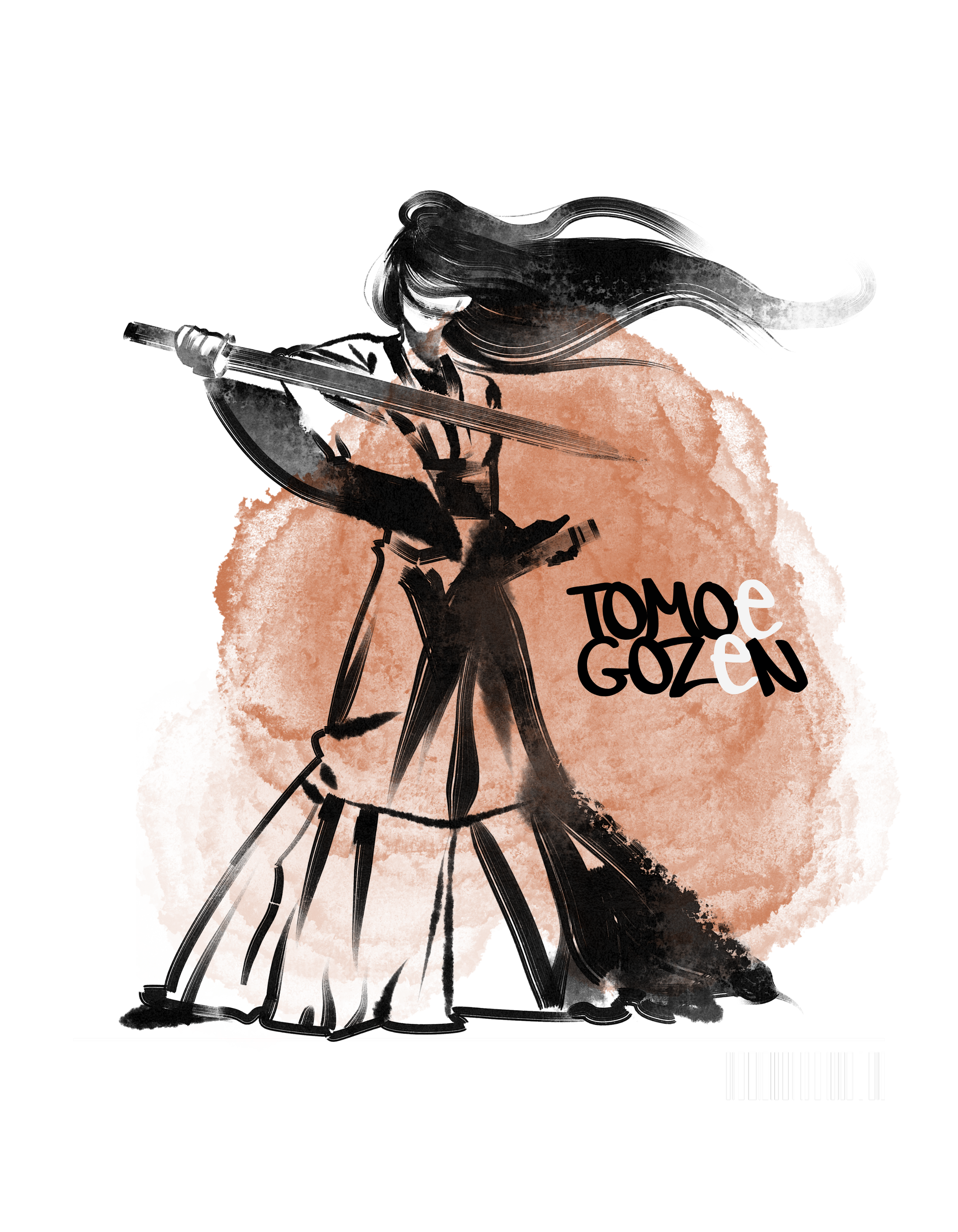 Stylized illustration of a female warrior with a sword, orange background splash, and the title 'Tomo Gozan' in bold black and white text.