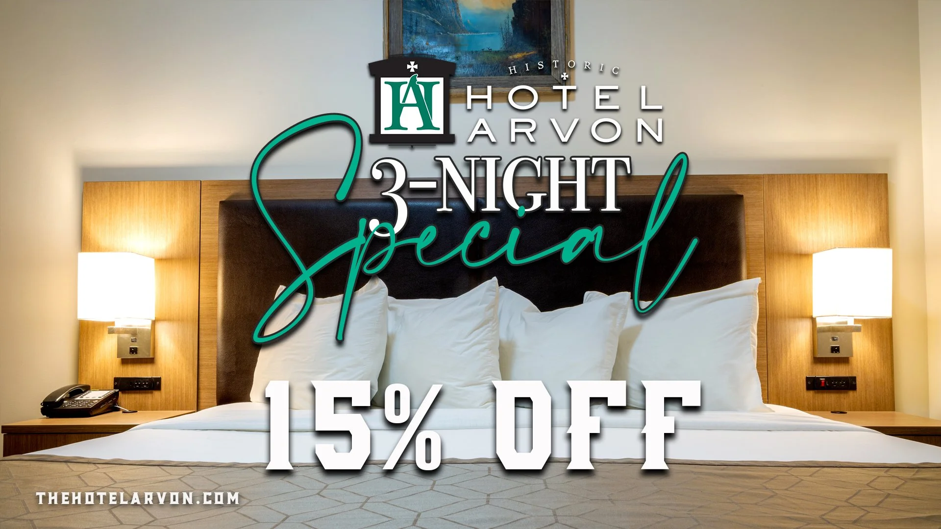 Hotel room with a bed, pillows, and two lamps on wooden nightstands on either side, with overlay text advertising a 3-night hotel stay special with 15% off.