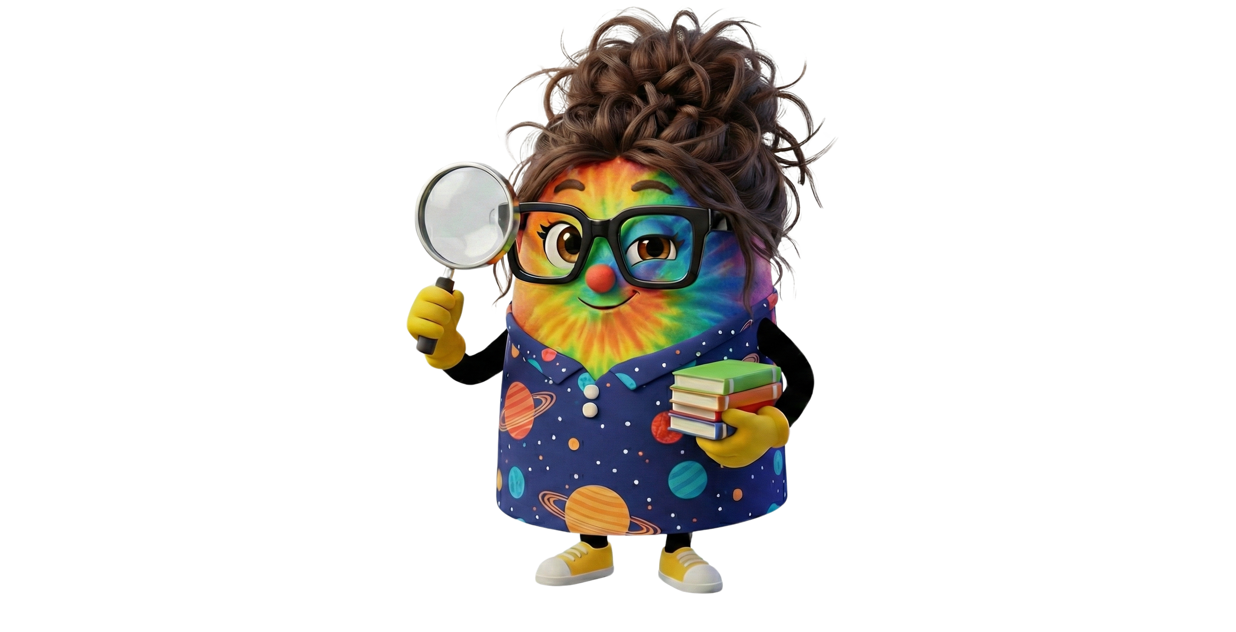 Cartoon character with a rainbow tie-dye face, wearing glasses, a galaxy-themed dress, yellow gloves, and sneakers, holding a stack of books in one hand and a magnifying glass in the other.