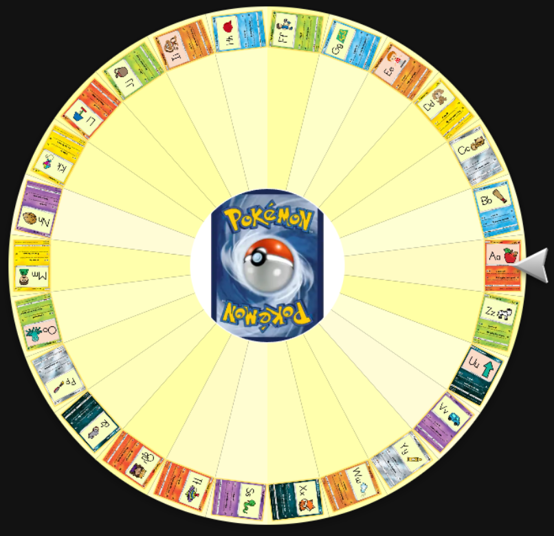 A circular Pokémon-themed game spinner with various Pokémon trading cards along the outer edge, and a central Pokémon logo featuring a Poké Ball.