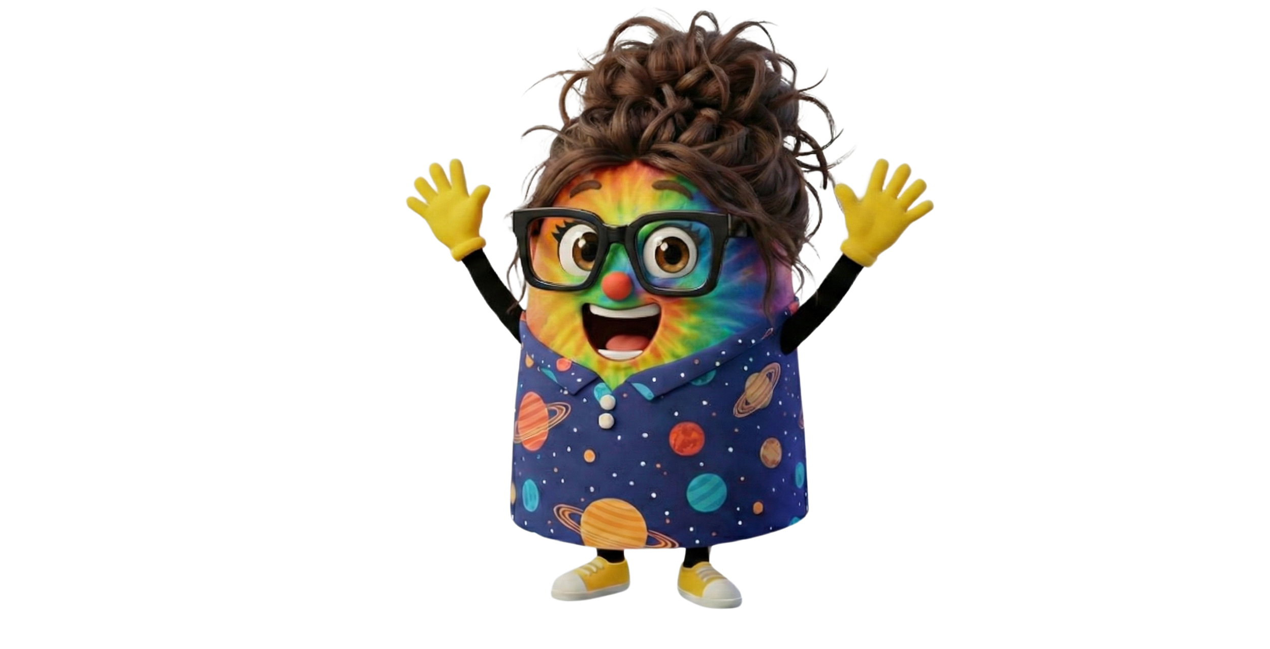 A colorful animated character with a tie-dye face, glasses, and a space-themed shirt. The character has curly brown hair and is smiling with arms raised and yellow gloves.