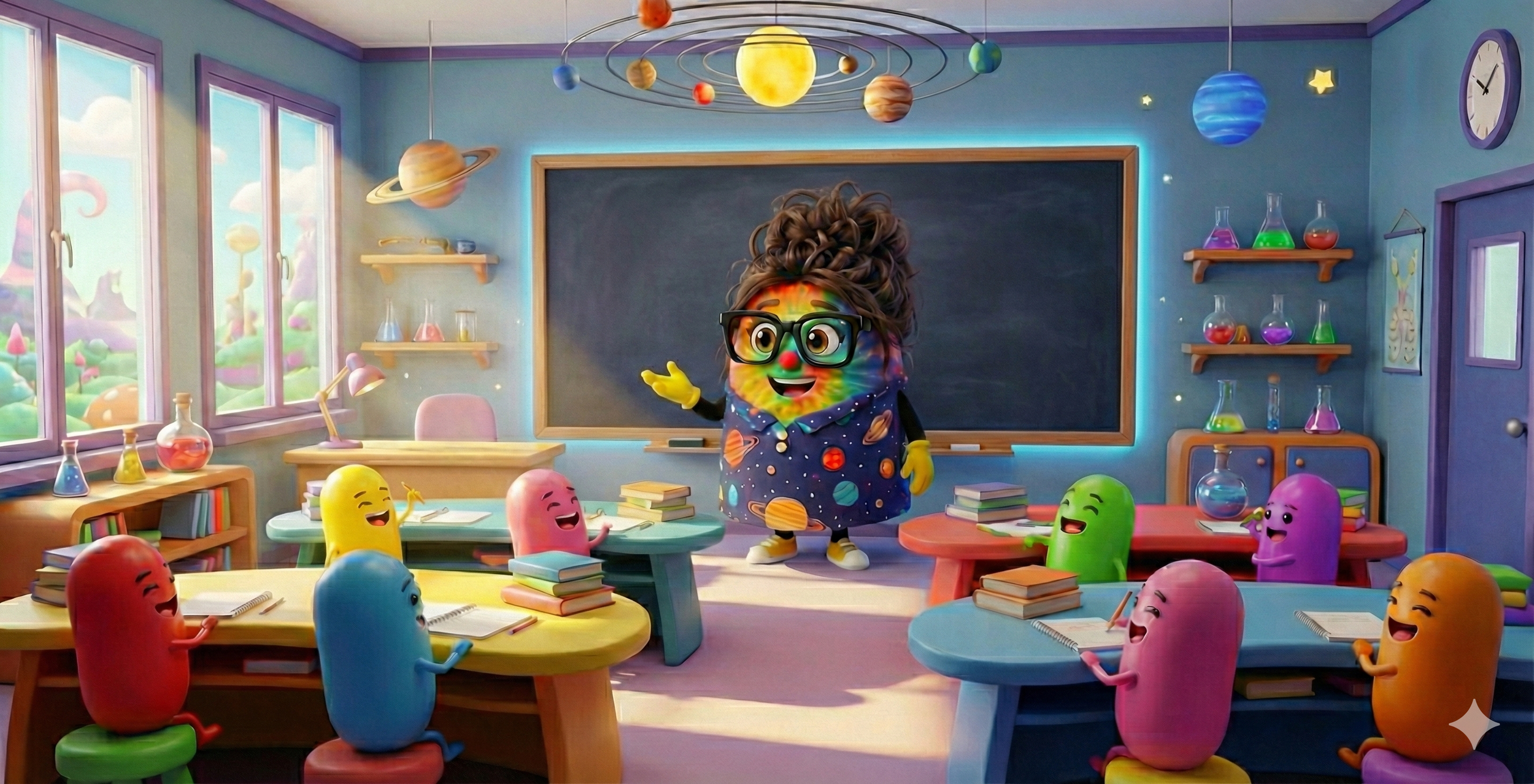 A classroom with a teacher with a universe-themed dress and glasses, standing in front of a blackboard. Surrounded by colorful, smiling cartoon pill characters sitting at tables, with a space-themed decor including planets and stars hanging from the ceiling and on shelves.