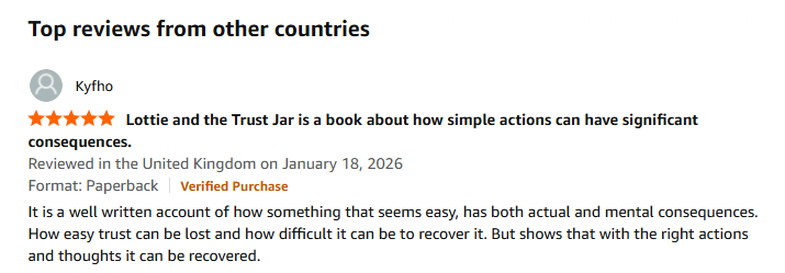 Screenshot of a book review for 'Lottie and the Trust Jar,' praising its lessons about the impact of simple actions.