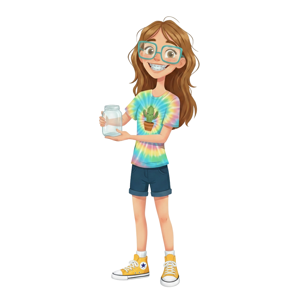 A cartoon girl with long, brown hair, wearing large blue glasses, a colorful tie-dye t-shirt with a cactus in a pot graphic, navy shorts, and yellow sneakers, standing next to a wall and holding an empty glass jar.