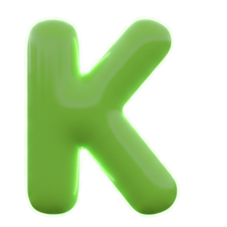 A large, three-dimensional, glowing green letter 'K' with rounded edges.