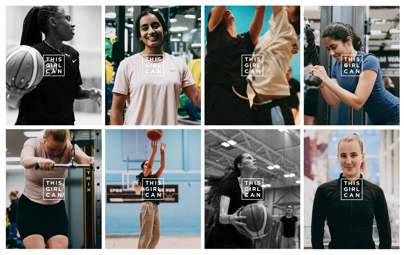 Collage of eight women engaging in various sports activities at a gym and sports facility, with each image overlaid with the text 'This Girl Can'.