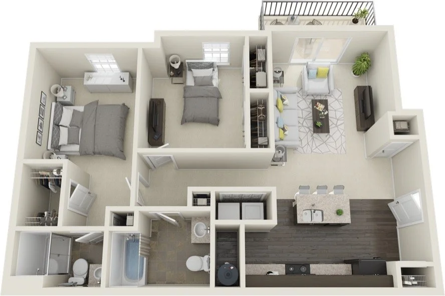 Floor plan of a two-bedroom apartment showing a living room, kitchen, two bedrooms, bathroom, laundry area, and a balcony.