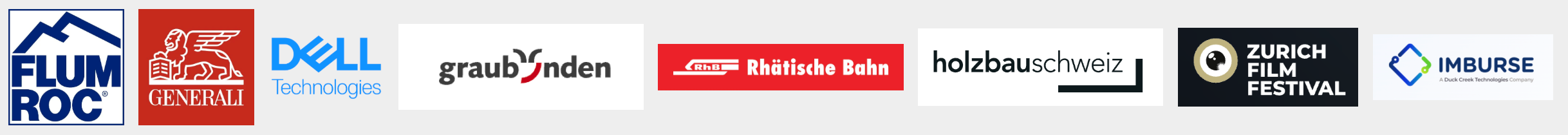 Logos verschiedener Unternehmen und Organisationen, darunter FLUMROC, Generali, Dell Technologies, Graubünden, RhB Rhätische Bahn, holzbauschweiz, Zürich Film Festival, Imburse.
